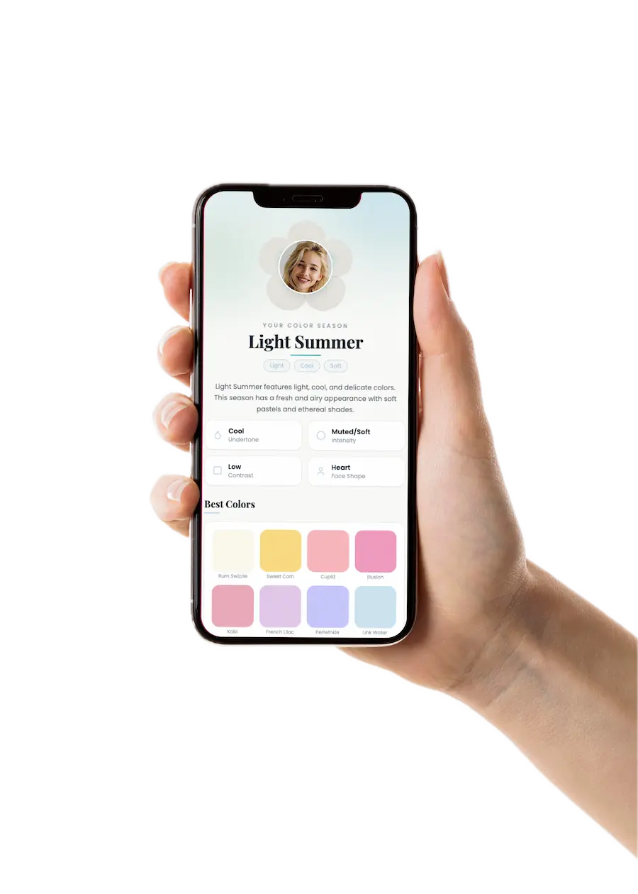 Hand holding phone showing My Color Seasons color palette results